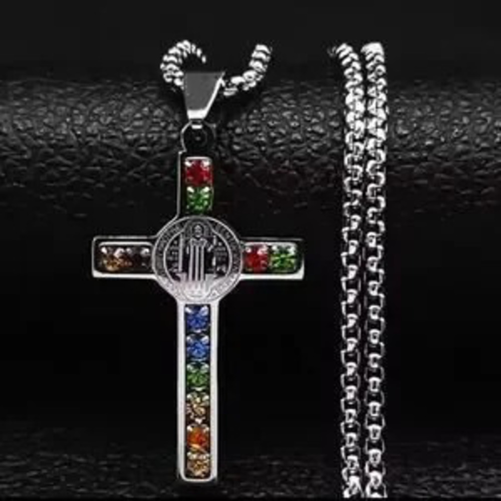 Stainless Cross Necklace Catholic Multicolor Rhinestones Christian Christmas NEW